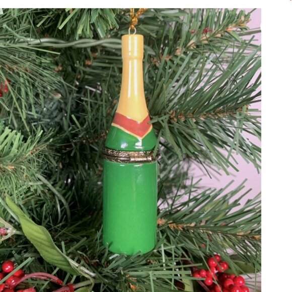 Champagne Bottle Porcelain Hinged Surprise Gift Trinket Box Christmas Ornament - Picture 3 of 4